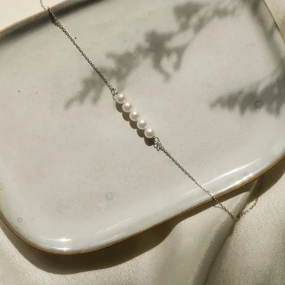 Five Pearls on Silver Chain Dainty Cluster Necklace