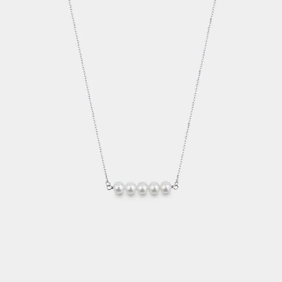 Five Pearls on Silver Chain Dainty Cluster Necklace