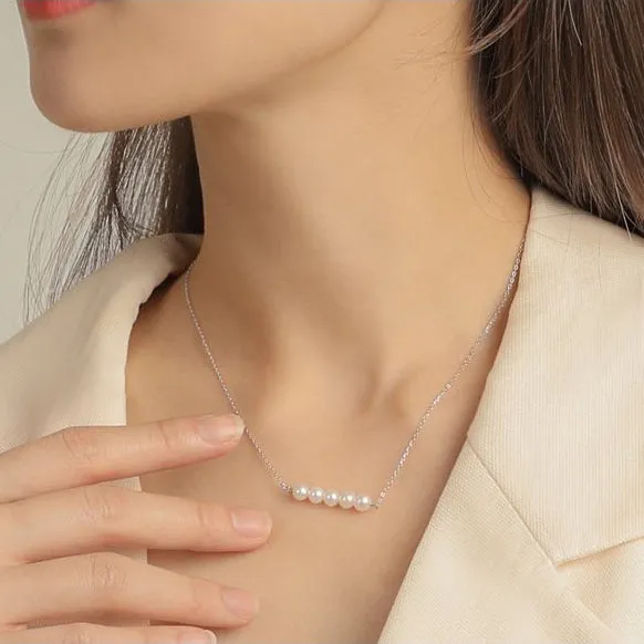 Five Pearls on Silver Chain Dainty Cluster Necklace