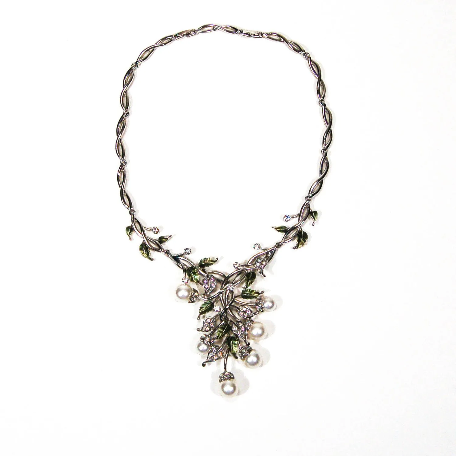 Floral Pearl and Rhinestone Bib Necklace by Adrienne