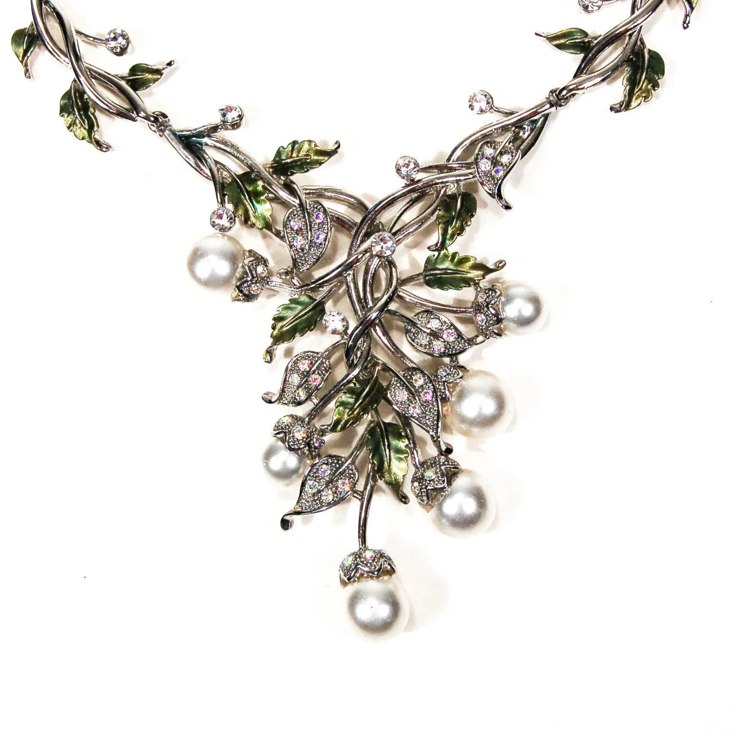 Floral Pearl and Rhinestone Bib Necklace by Adrienne