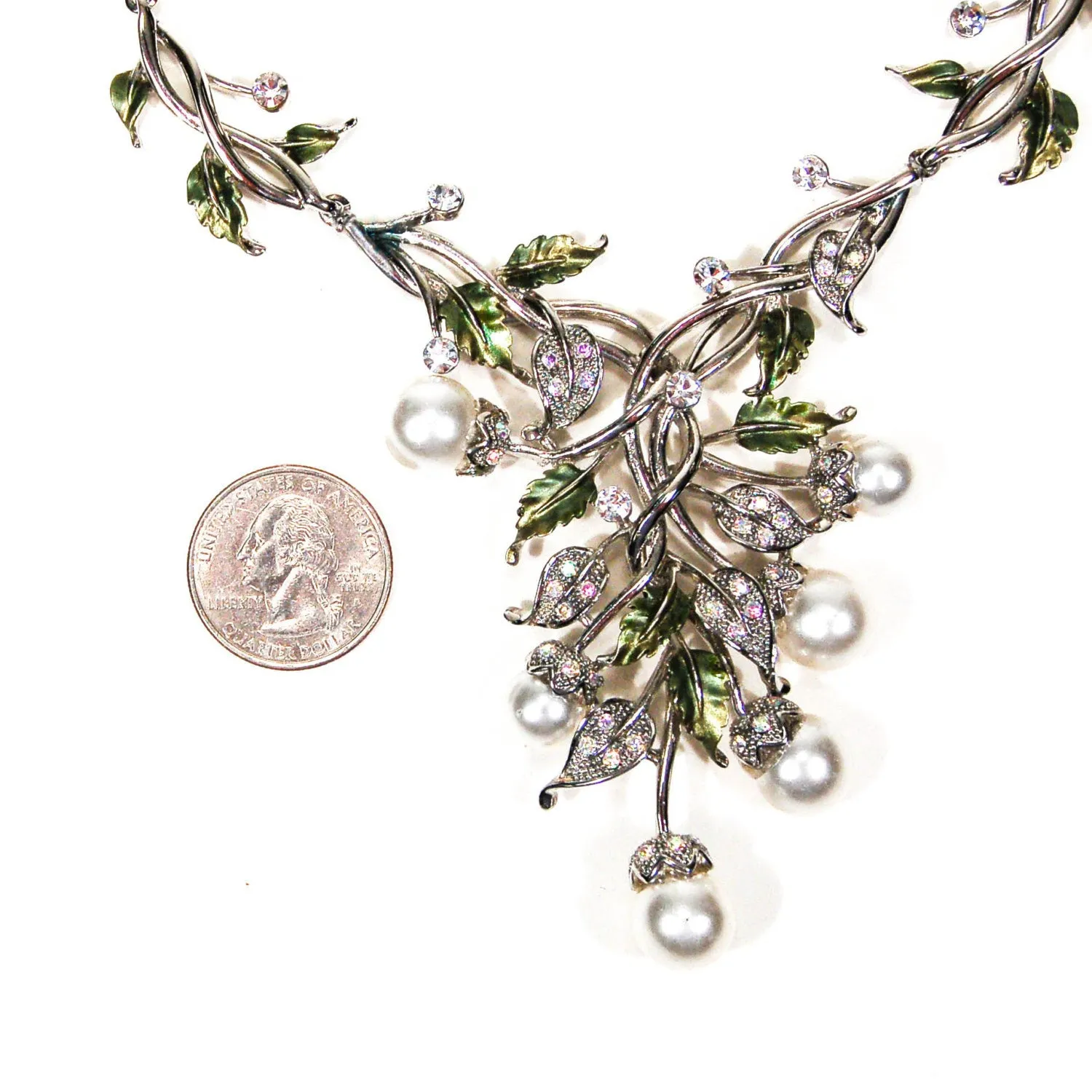 Floral Pearl and Rhinestone Bib Necklace by Adrienne