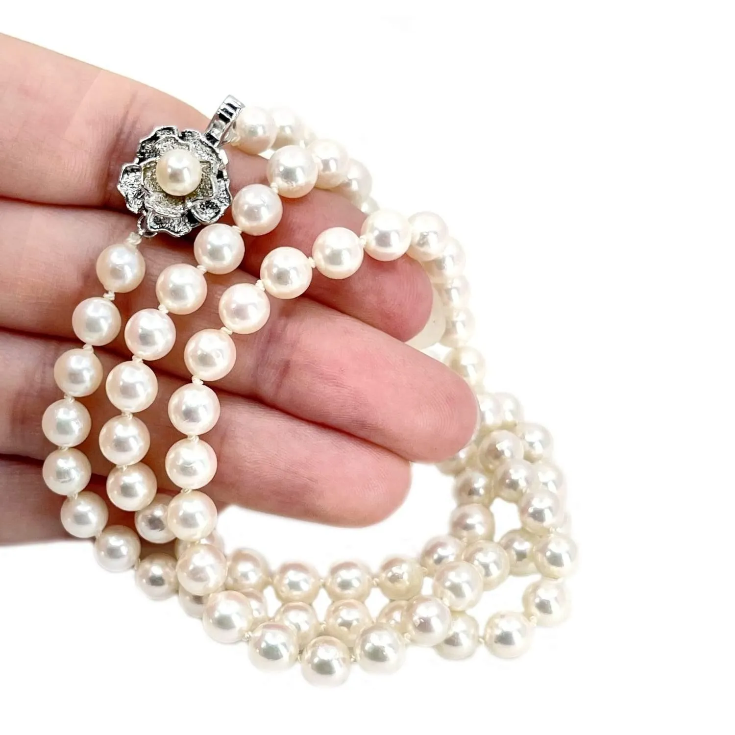 Floral Petals Japanese Cultured Akoya Pearl Necklace- Sterling Silver 23.50 Inch