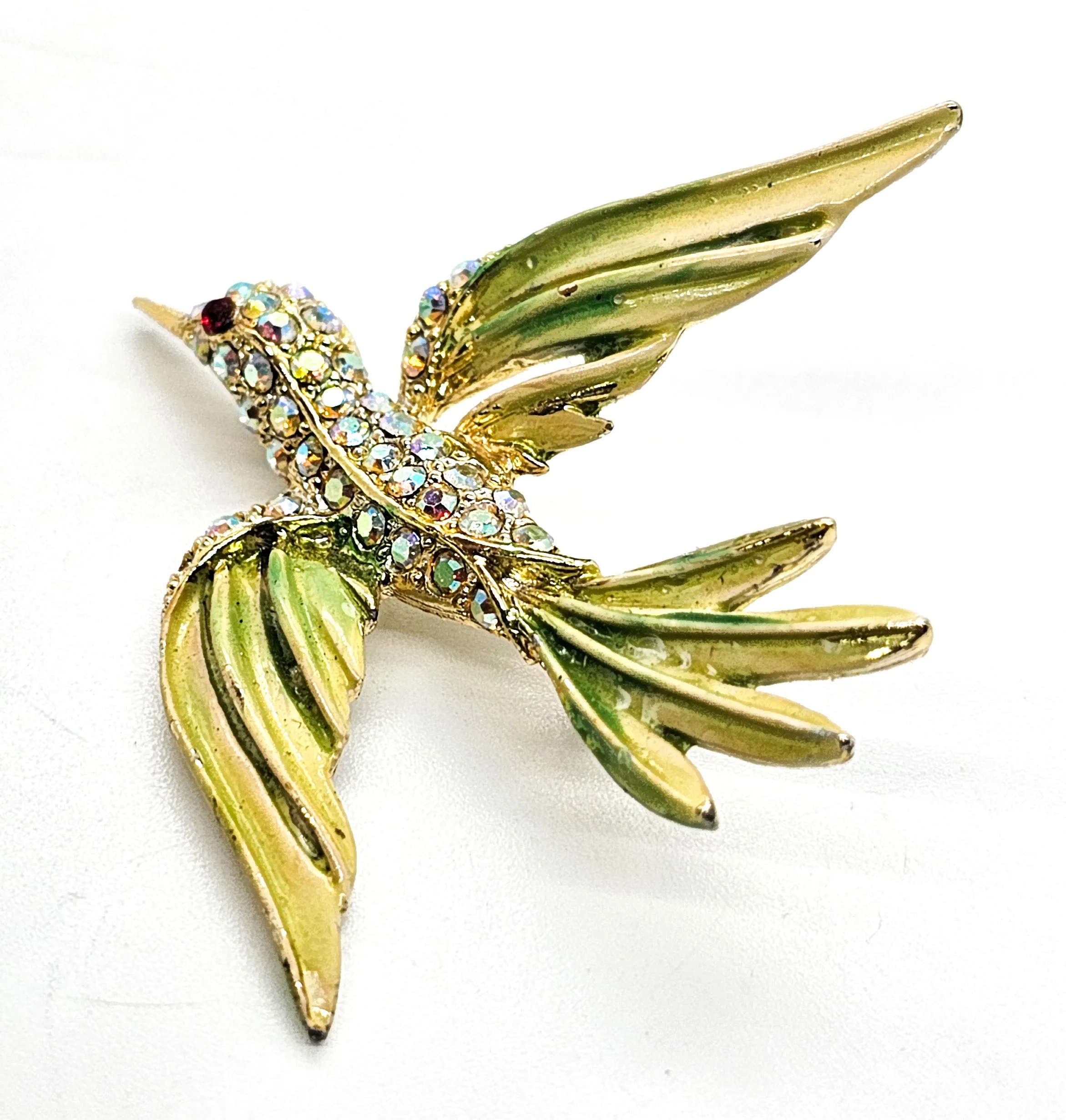 Flying hummingbird enamel and aurora borealis vintage rhinestone brooch