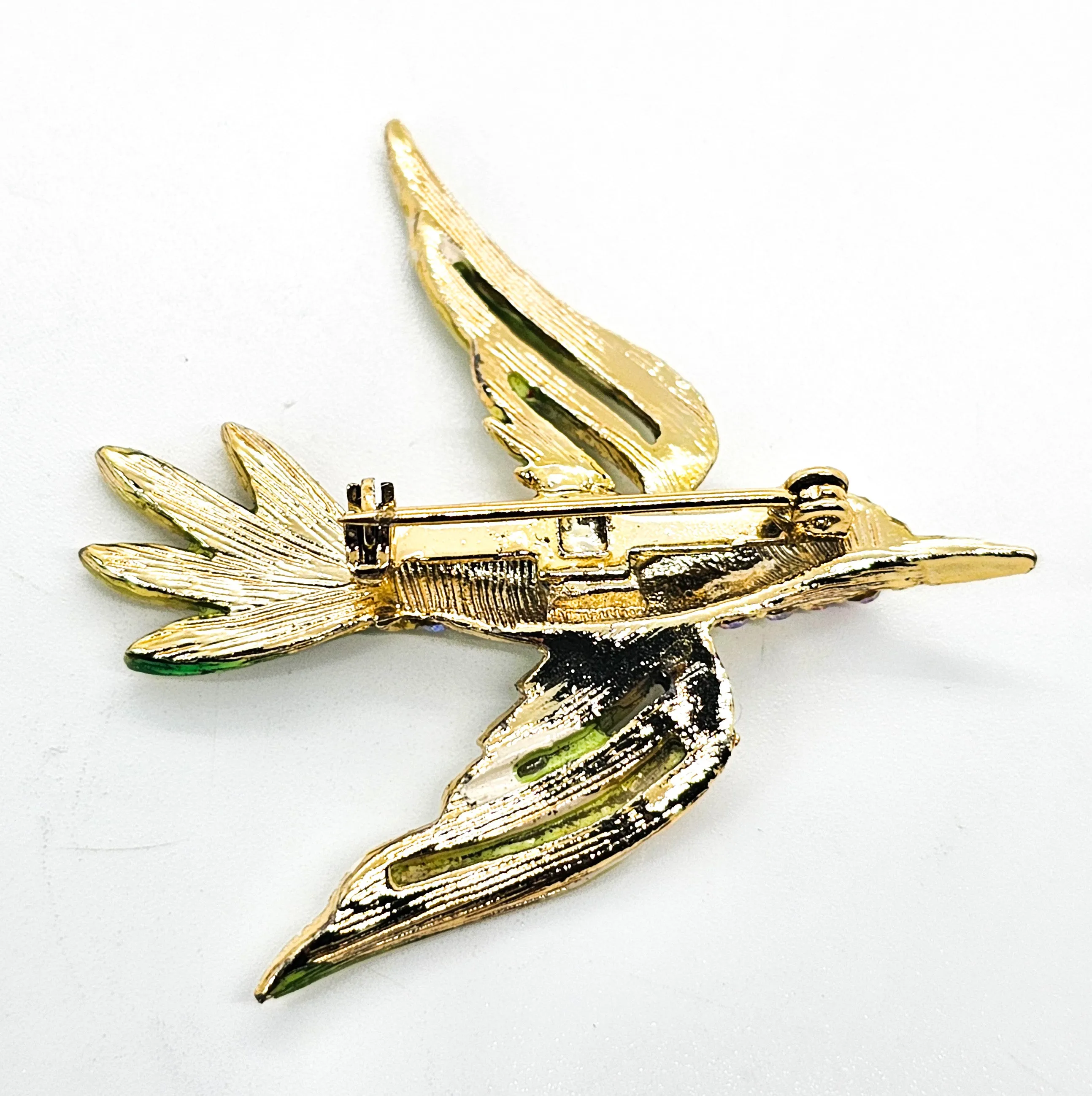 Flying hummingbird enamel and aurora borealis vintage rhinestone brooch