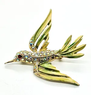 Flying hummingbird enamel and aurora borealis vintage rhinestone brooch