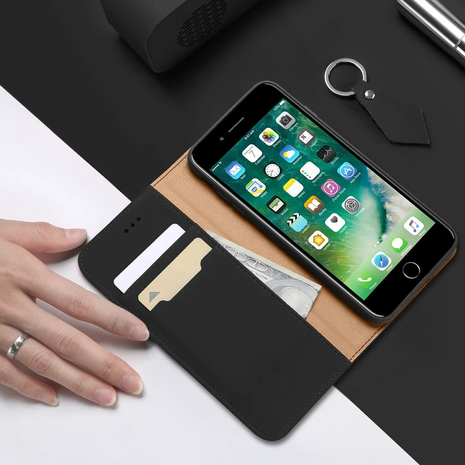 For iPhone 9 Mobile Phone Cover Magnetic Leather Protective Case with Card Slot Bracket black
