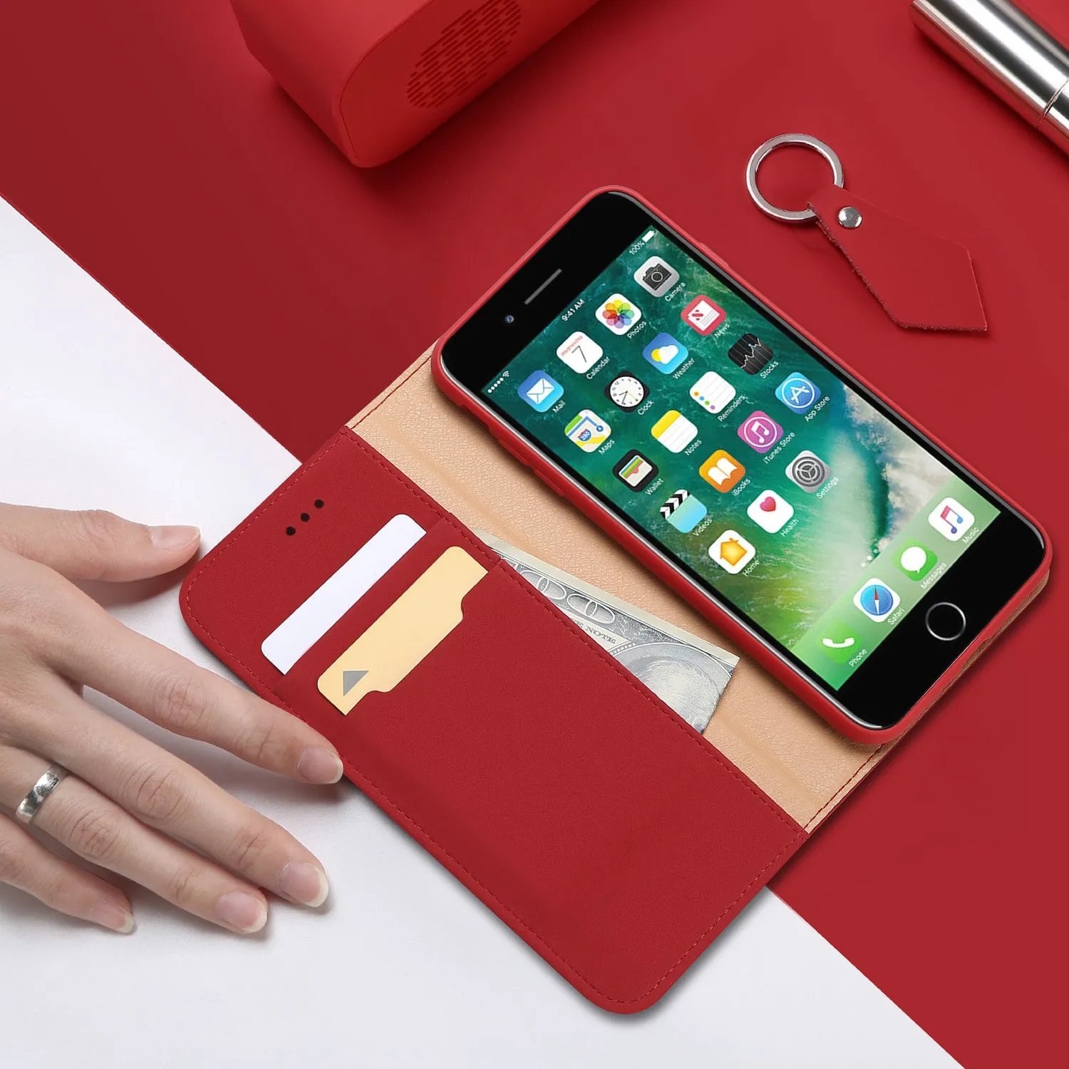 For iPhone 9 Mobile Phone Cover Magnetic Leather Protective Case with Card Slot Bracket red