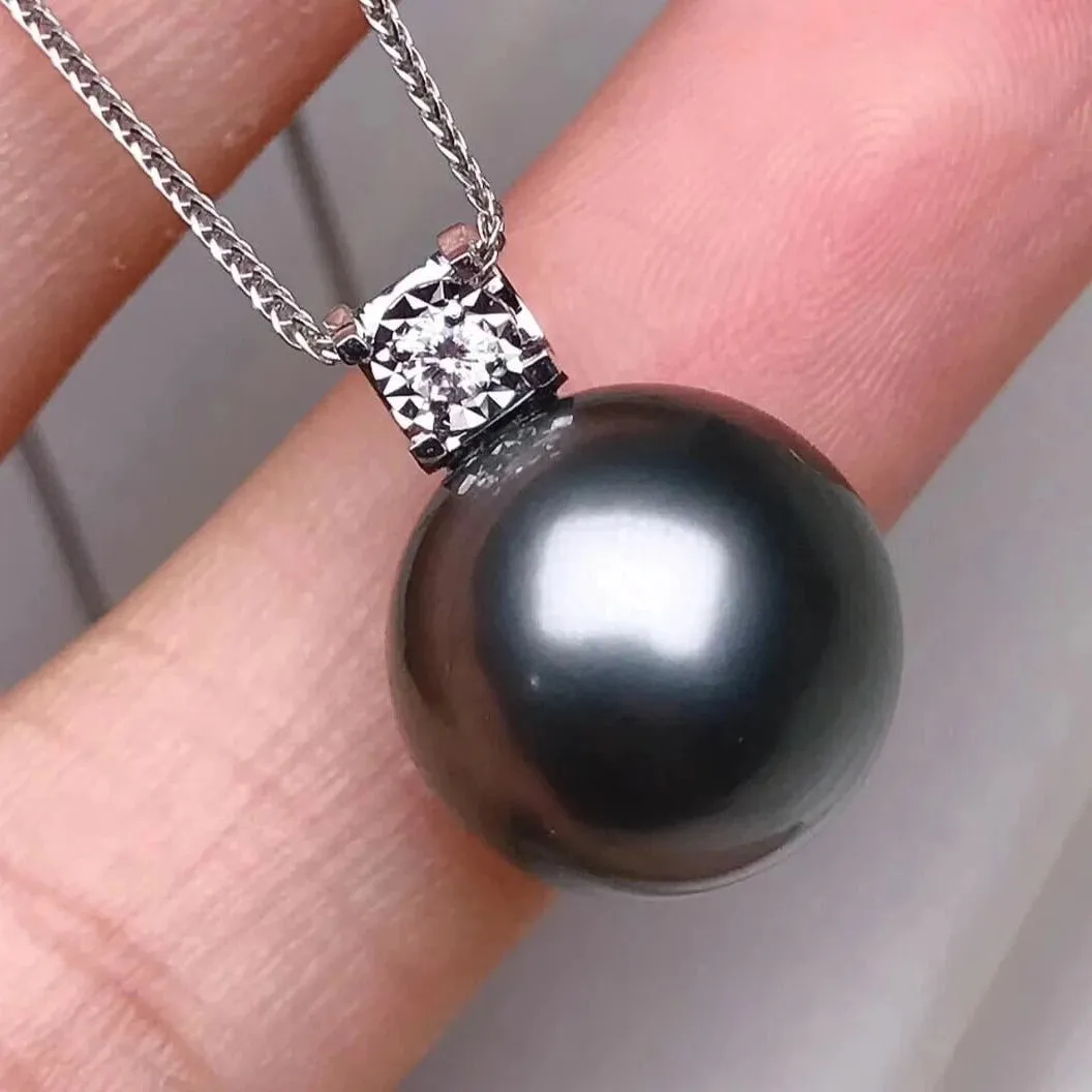 Forever Elegant AAA 13.0-14.0 mm Tahitian Black Pearl & Diamond Pendant
