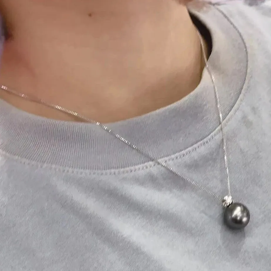 Forever Elegant AAA 13.0-14.0 mm Tahitian Black Pearl & Diamond Pendant