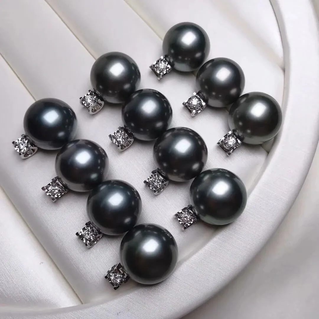 Forever Elegant AAA 13.0-14.0 mm Tahitian Black Pearl & Diamond Pendant