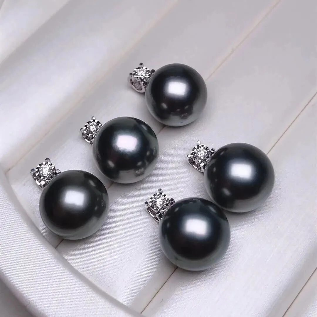 Forever Elegant AAA 13.0-14.0 mm Tahitian Black Pearl & Diamond Pendant