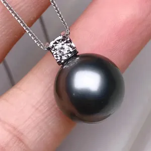 Forever Elegant AAA 13.0-14.0 mm Tahitian Black Pearl & Diamond Pendant