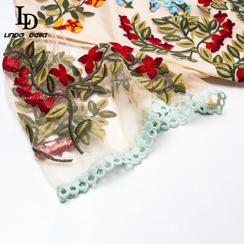 FRENCH RIVIERA Resort Wear Flare Sleeve Floral Embroidery Mesh Mini Dress