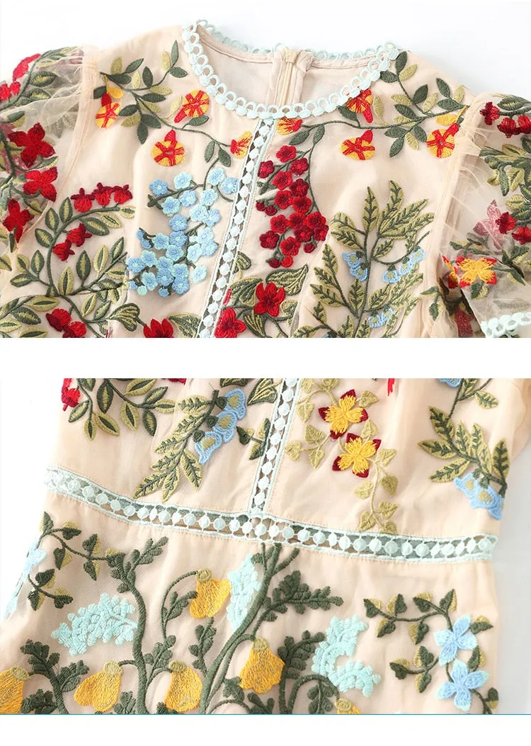 FRENCH RIVIERA Resort Wear Flare Sleeve Floral Embroidery Mesh Mini Dress