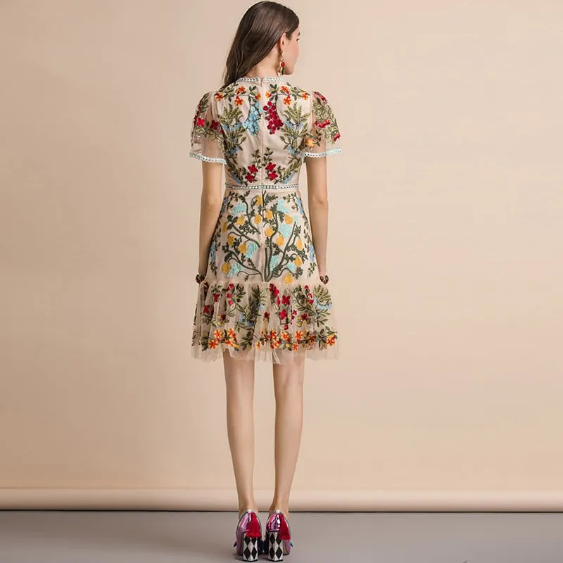 FRENCH RIVIERA Resort Wear Flare Sleeve Floral Embroidery Mesh Mini Dress