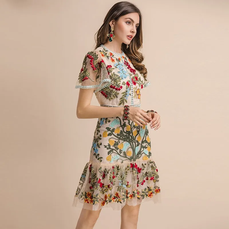 FRENCH RIVIERA Resort Wear Flare Sleeve Floral Embroidery Mesh Mini Dress