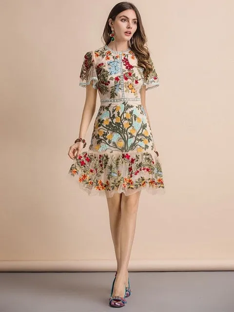 FRENCH RIVIERA Resort Wear Flare Sleeve Floral Embroidery Mesh Mini Dress