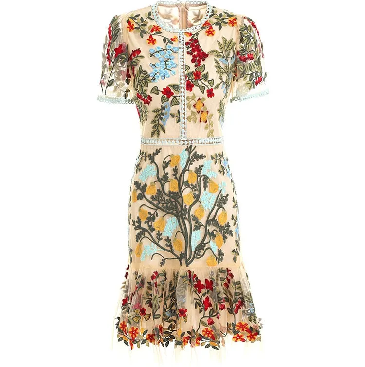 FRENCH RIVIERA Resort Wear Flare Sleeve Floral Embroidery Mesh Mini Dress