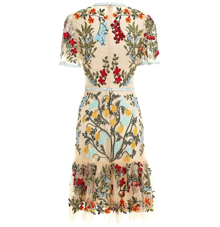 FRENCH RIVIERA Resort Wear Flare Sleeve Floral Embroidery Mesh Mini Dress