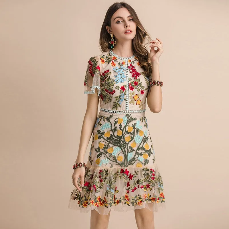 FRENCH RIVIERA Resort Wear Flare Sleeve Floral Embroidery Mesh Mini Dress