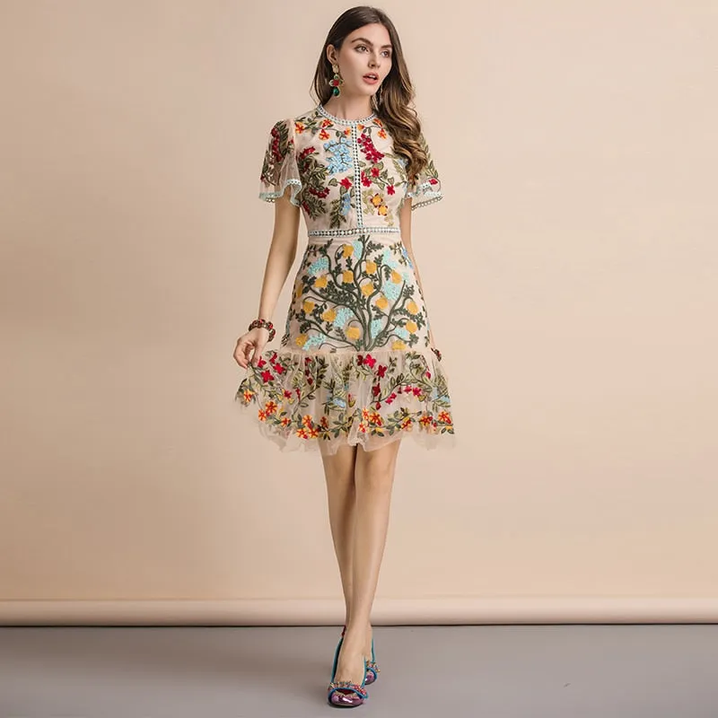 FRENCH RIVIERA Resort Wear Flare Sleeve Floral Embroidery Mesh Mini Dress
