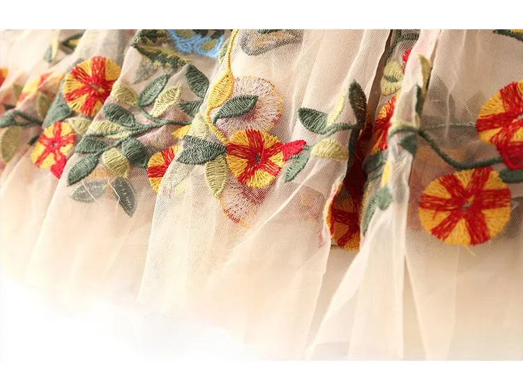 FRENCH RIVIERA Resort Wear Flare Sleeve Floral Embroidery Mesh Mini Dress