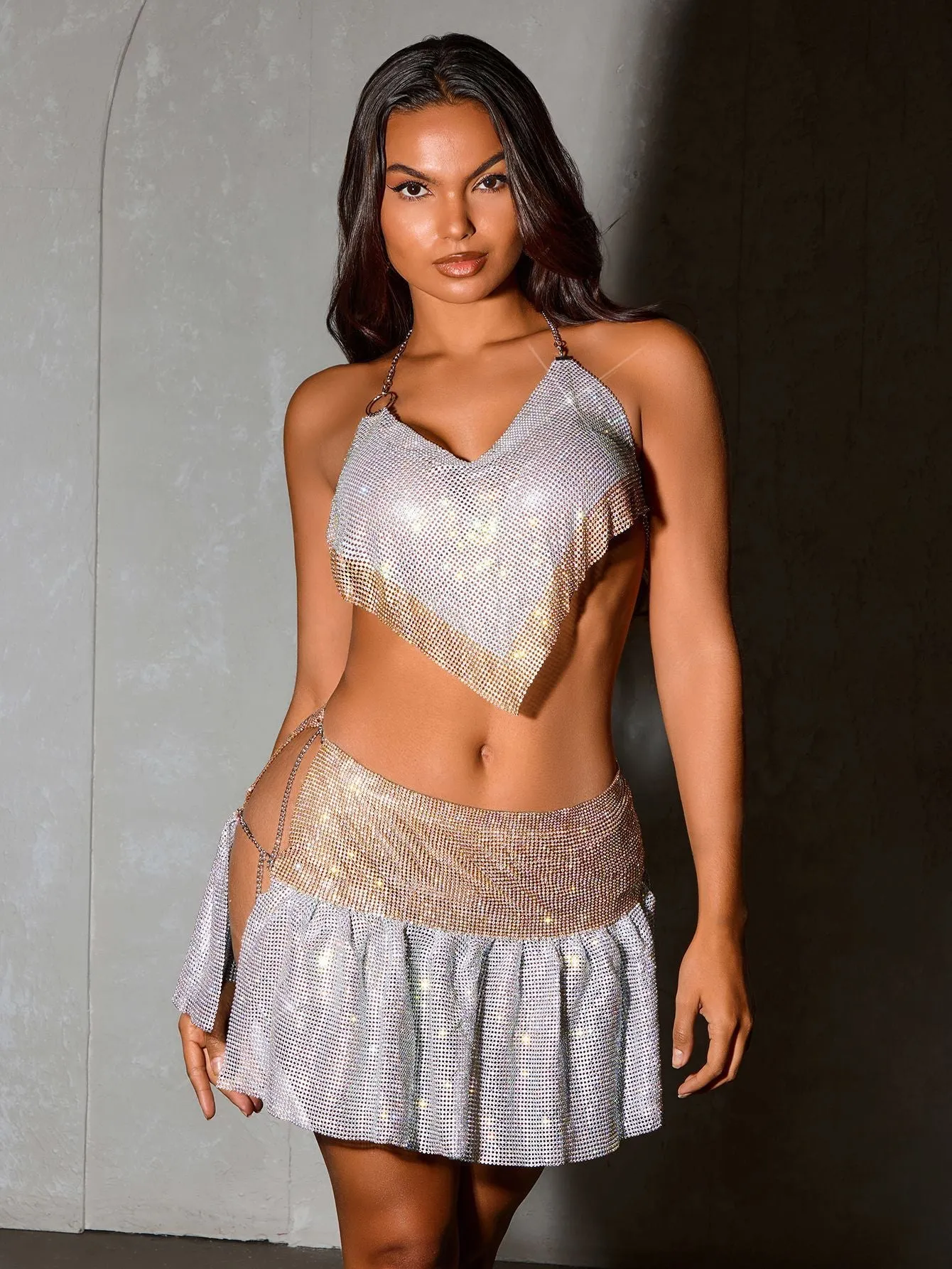 Glamorous Rhinestone Mesh Halter Top and High-Slit Mini Skirt Set