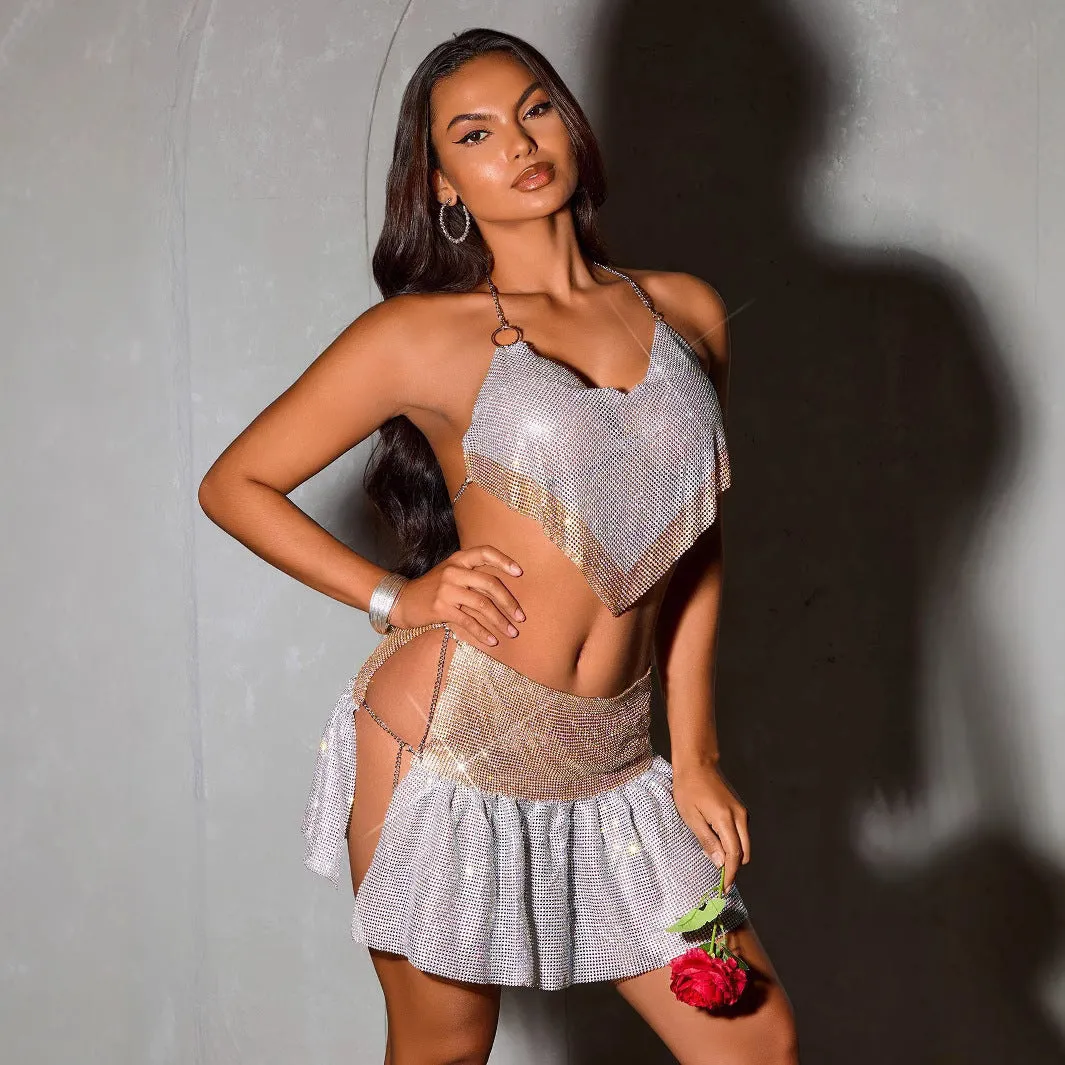 Glamorous Rhinestone Mesh Halter Top and High-Slit Mini Skirt Set