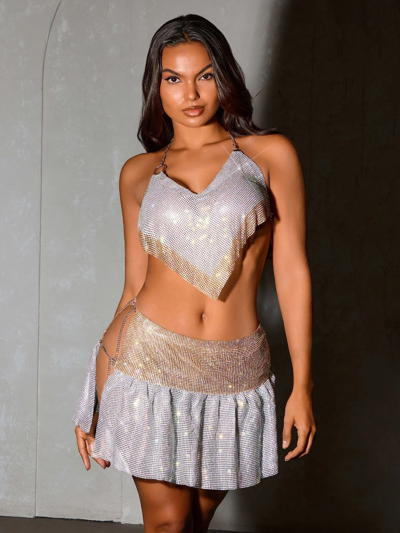 Glamorous Rhinestone Mesh Halter Top and High-Slit Mini Skirt Set