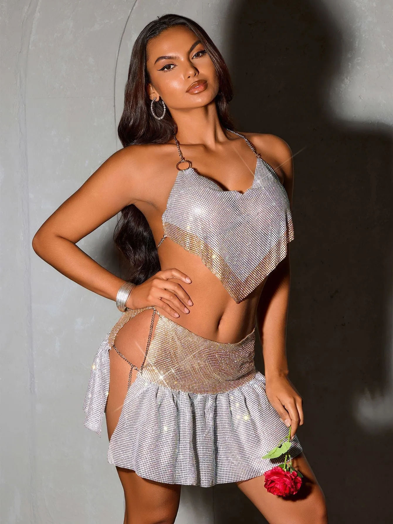 Glamorous Rhinestone Mesh Halter Top and High-Slit Mini Skirt Set