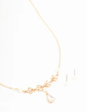 Gold Cubic Zirconia Pearl Necklace & Earrings Set
