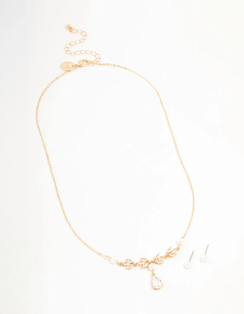 Gold Cubic Zirconia Pearl Necklace & Earrings Set