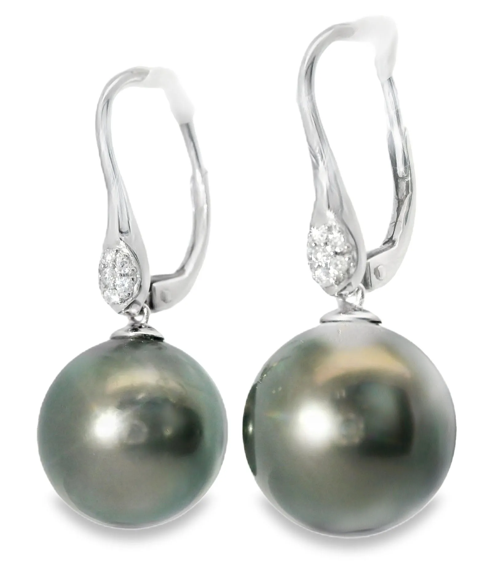 Gorgeous 14K White Gold Diamond Tahitian Pearl Hanging Earrings