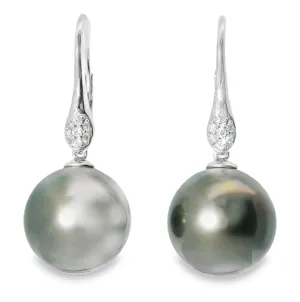 Gorgeous 14K White Gold Diamond Tahitian Pearl Hanging Earrings