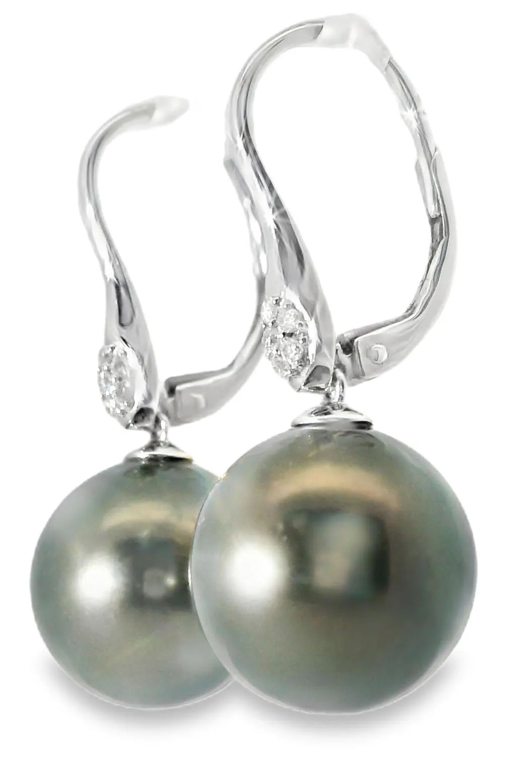 Gorgeous 14K White Gold Diamond Tahitian Pearl Hanging Earrings