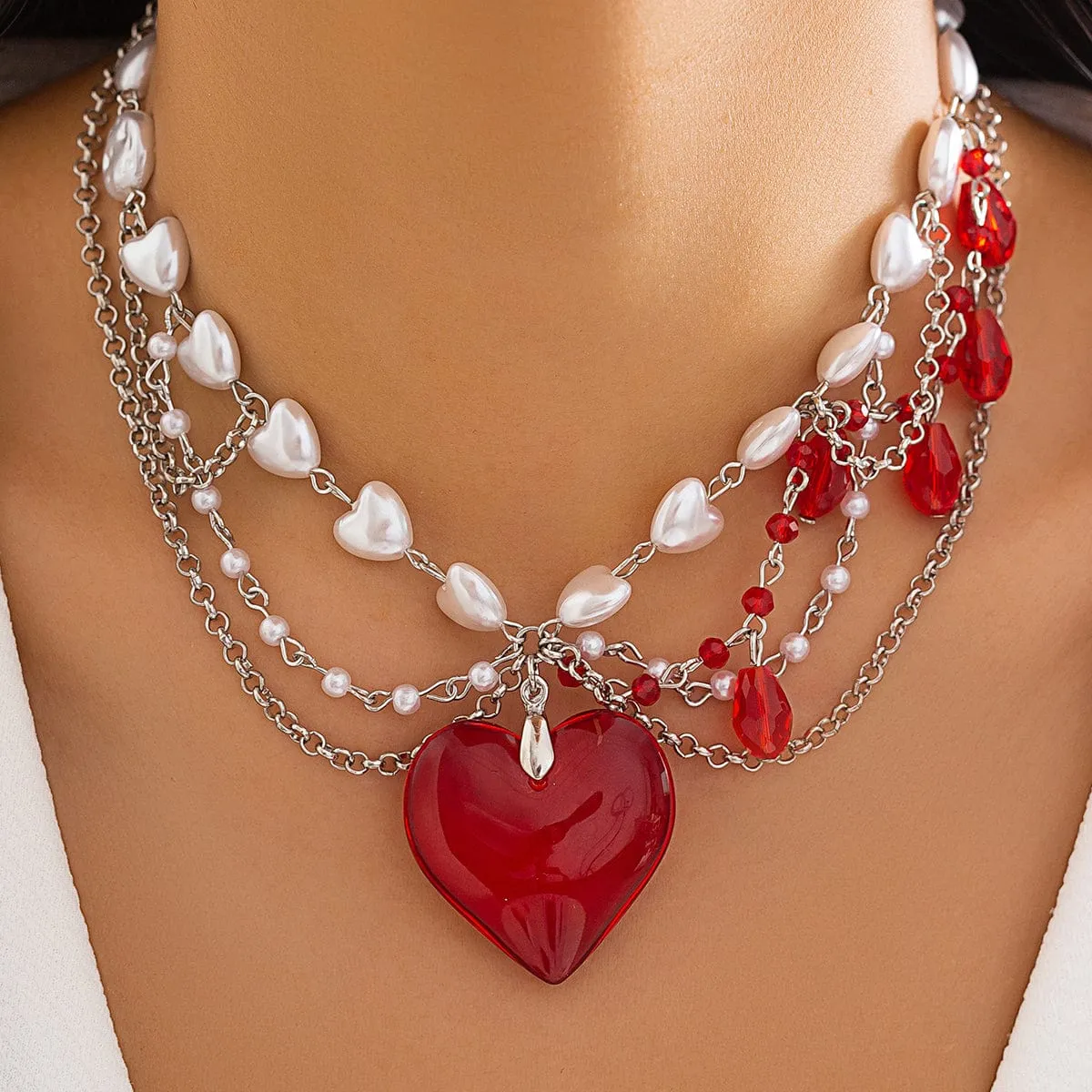 Gothic Layered Heart Pendant Crystal Tassel Pearl Chain Choker Necklace