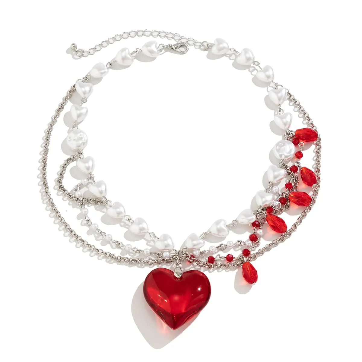 Gothic Layered Heart Pendant Crystal Tassel Pearl Chain Choker Necklace