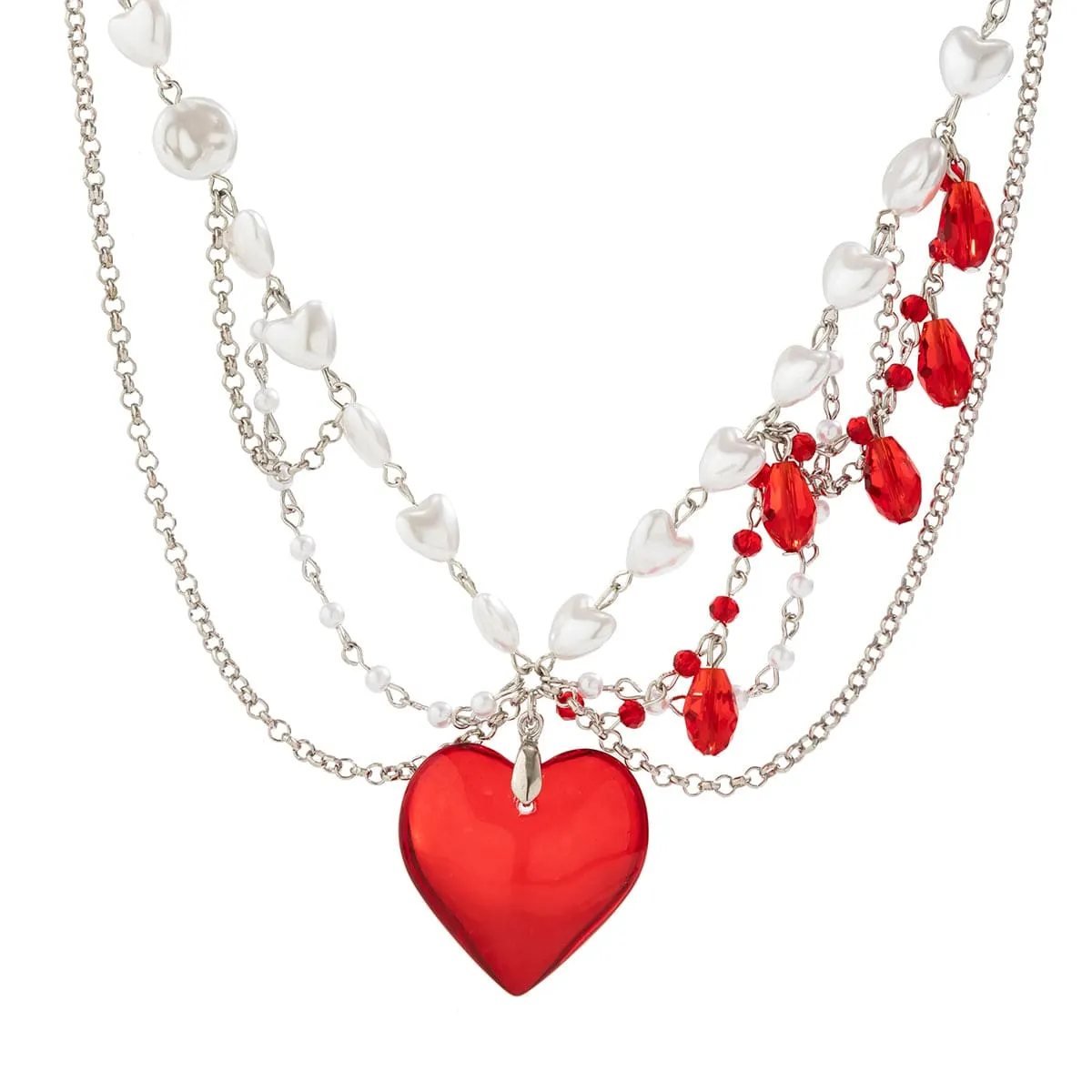 Gothic Layered Heart Pendant Crystal Tassel Pearl Chain Choker Necklace