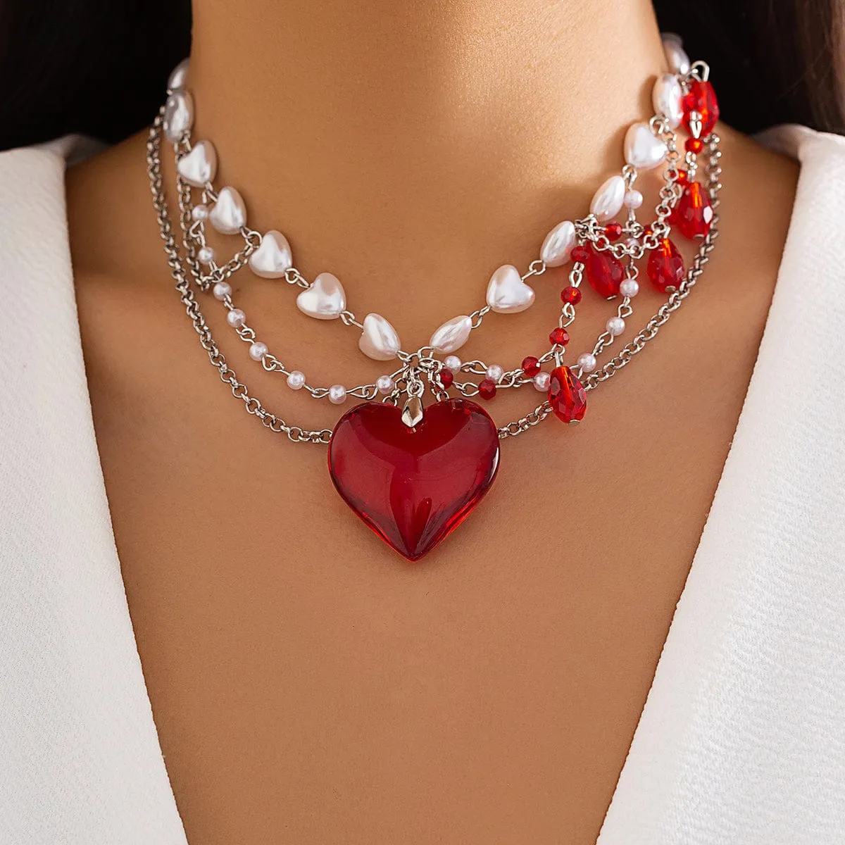 Gothic Layered Heart Pendant Crystal Tassel Pearl Chain Choker Necklace