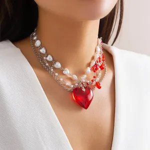 Gothic Layered Heart Pendant Crystal Tassel Pearl Chain Choker Necklace