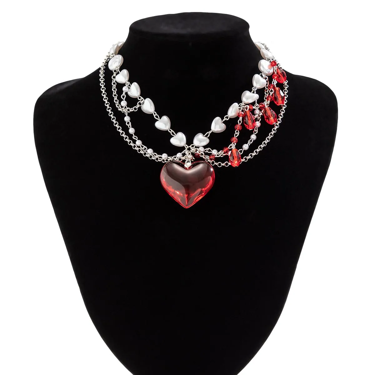 Gothic Layered Heart Pendant Crystal Tassel Pearl Chain Choker Necklace