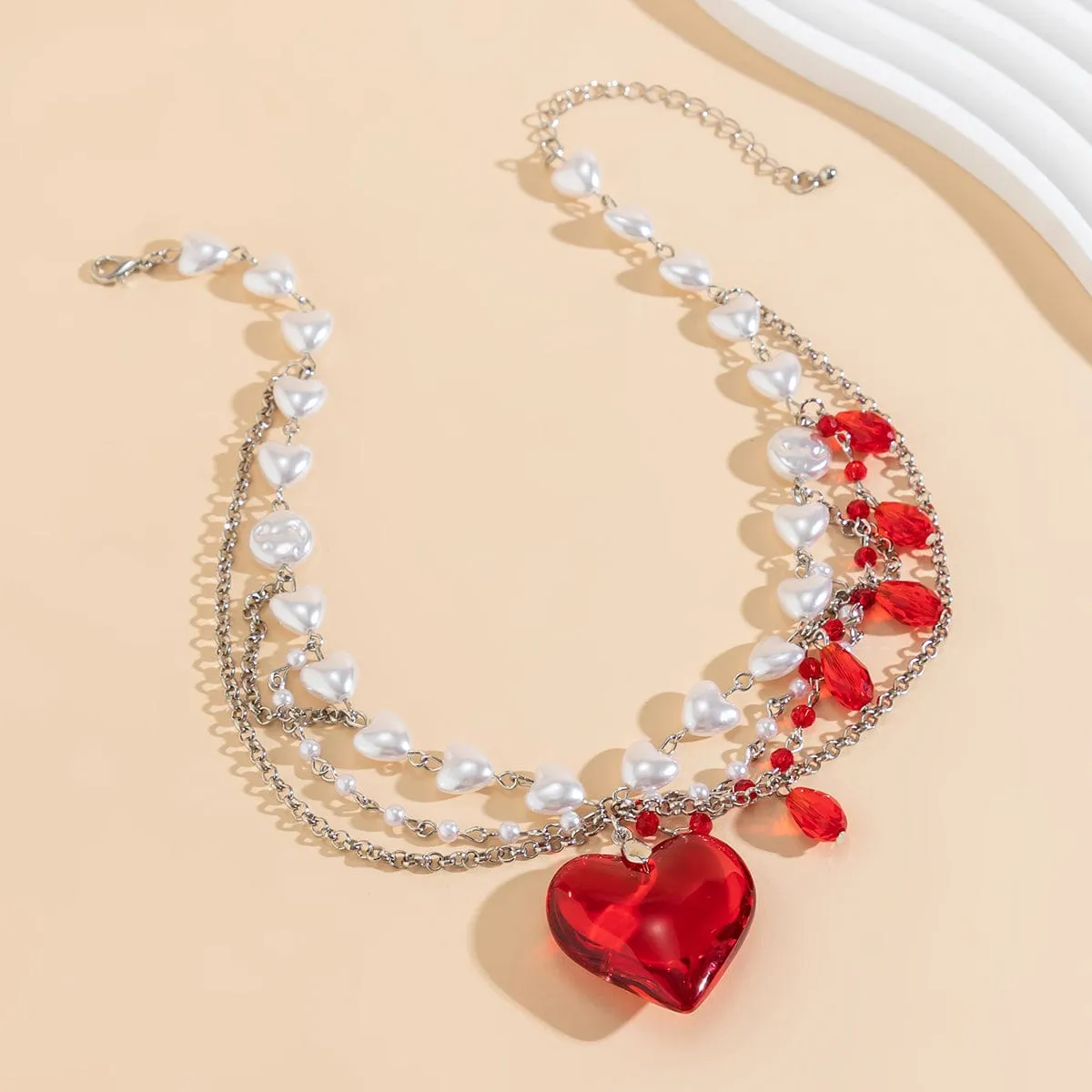 Gothic Layered Heart Pendant Crystal Tassel Pearl Chain Choker Necklace