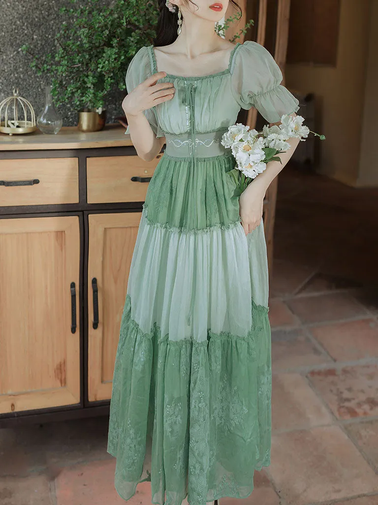 Green Square Collar Garden Vintage Dress