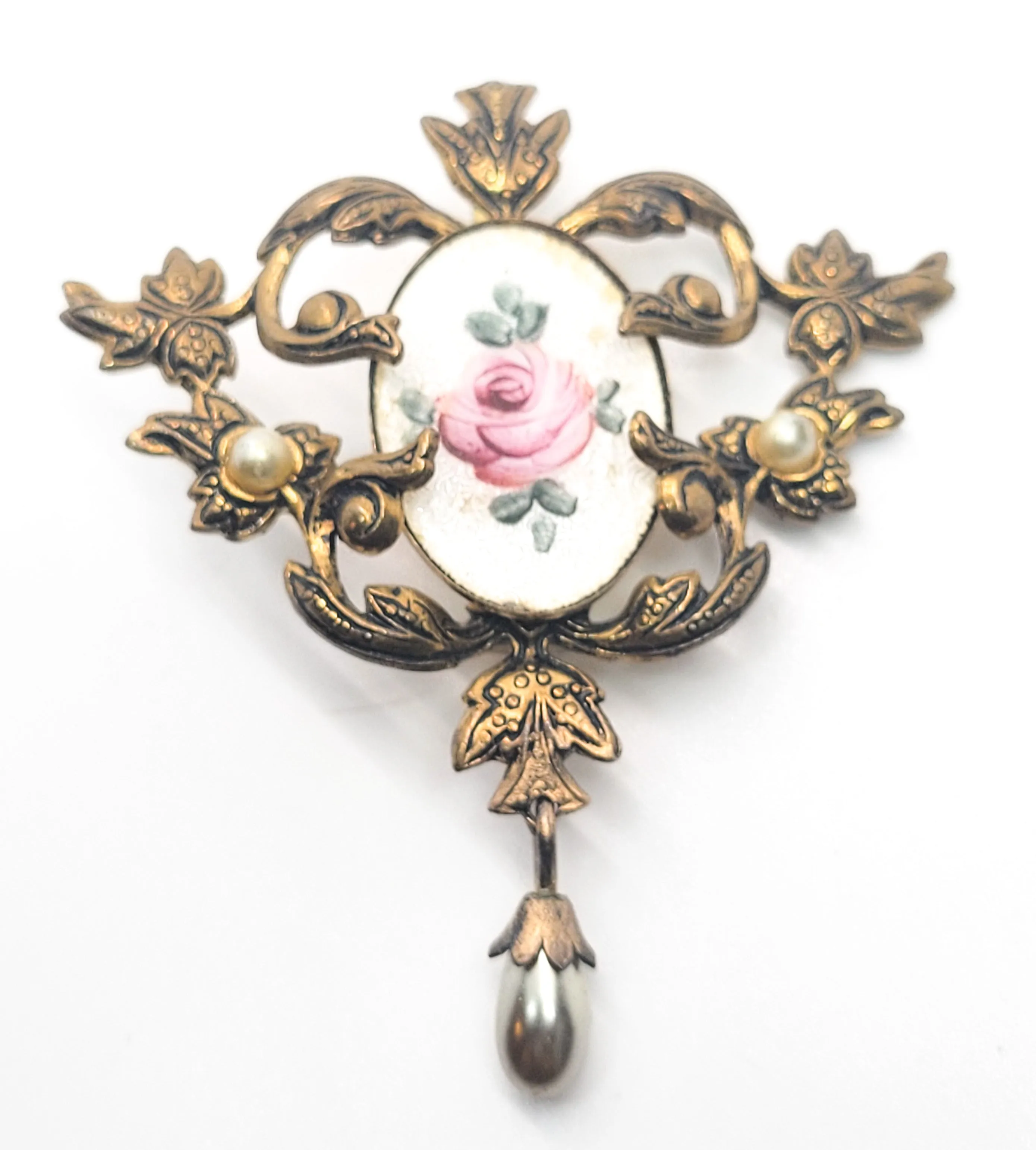 Guillouche pink rose flower white enamel Art Nouveau style faux pearl vintage brooch