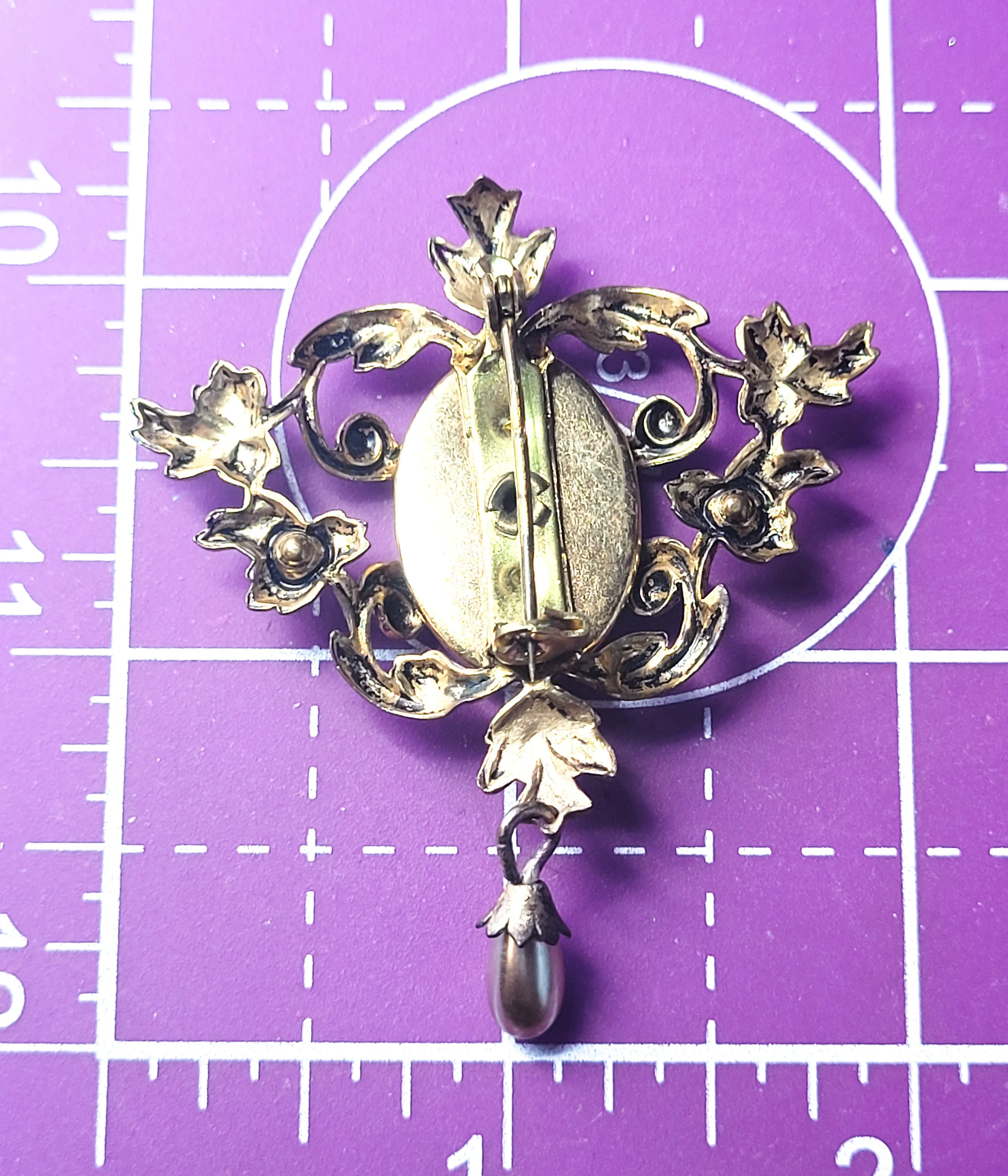 Guillouche pink rose flower white enamel Art Nouveau style faux pearl vintage brooch
