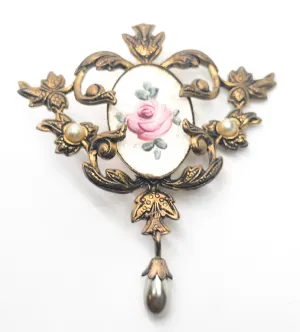 Guillouche pink rose flower white enamel Art Nouveau style faux pearl vintage brooch