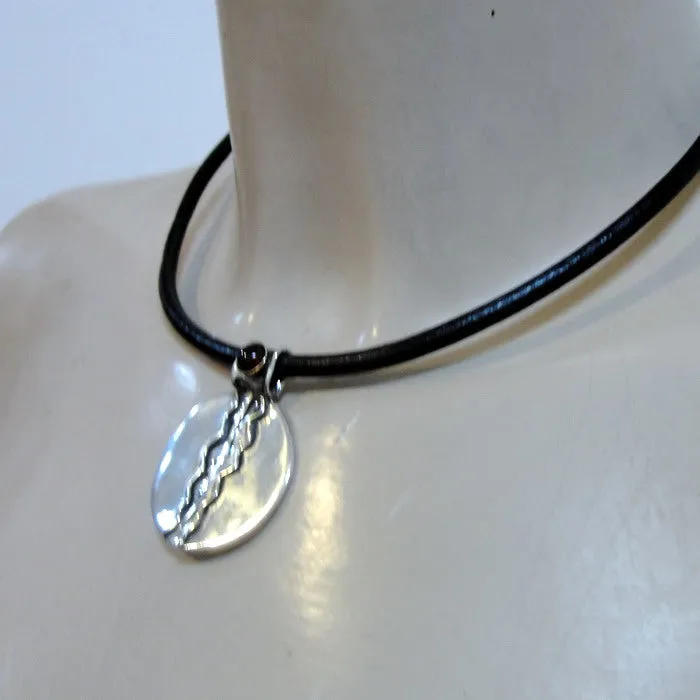 Hadar Designers Black Leather Garnet 925 Silver Pendant Handmade Sophisticated(H
