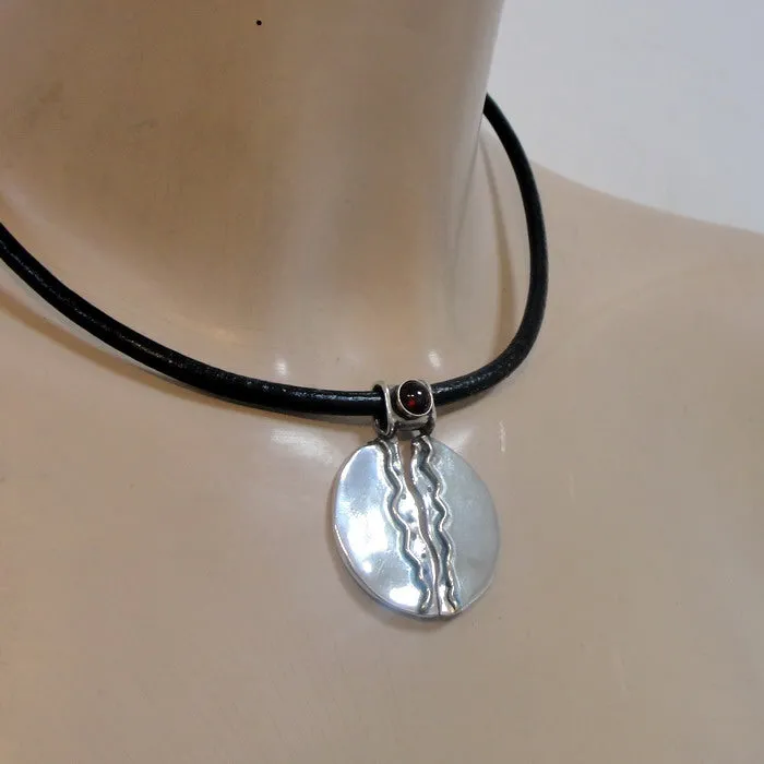 Hadar Designers Black Leather Garnet 925 Silver Pendant Handmade Sophisticated(H