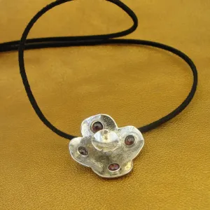 Hadar Designers Black Leather Red Garnet 925 Sterling Silver Pendant Handmade (H